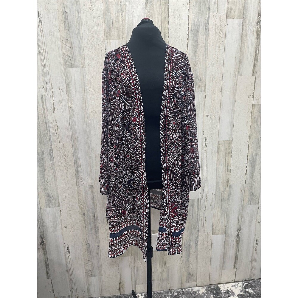 Catherines Kimono Duster Cardigan Womens 3XL Navy Red White Paisley Sheer sku712